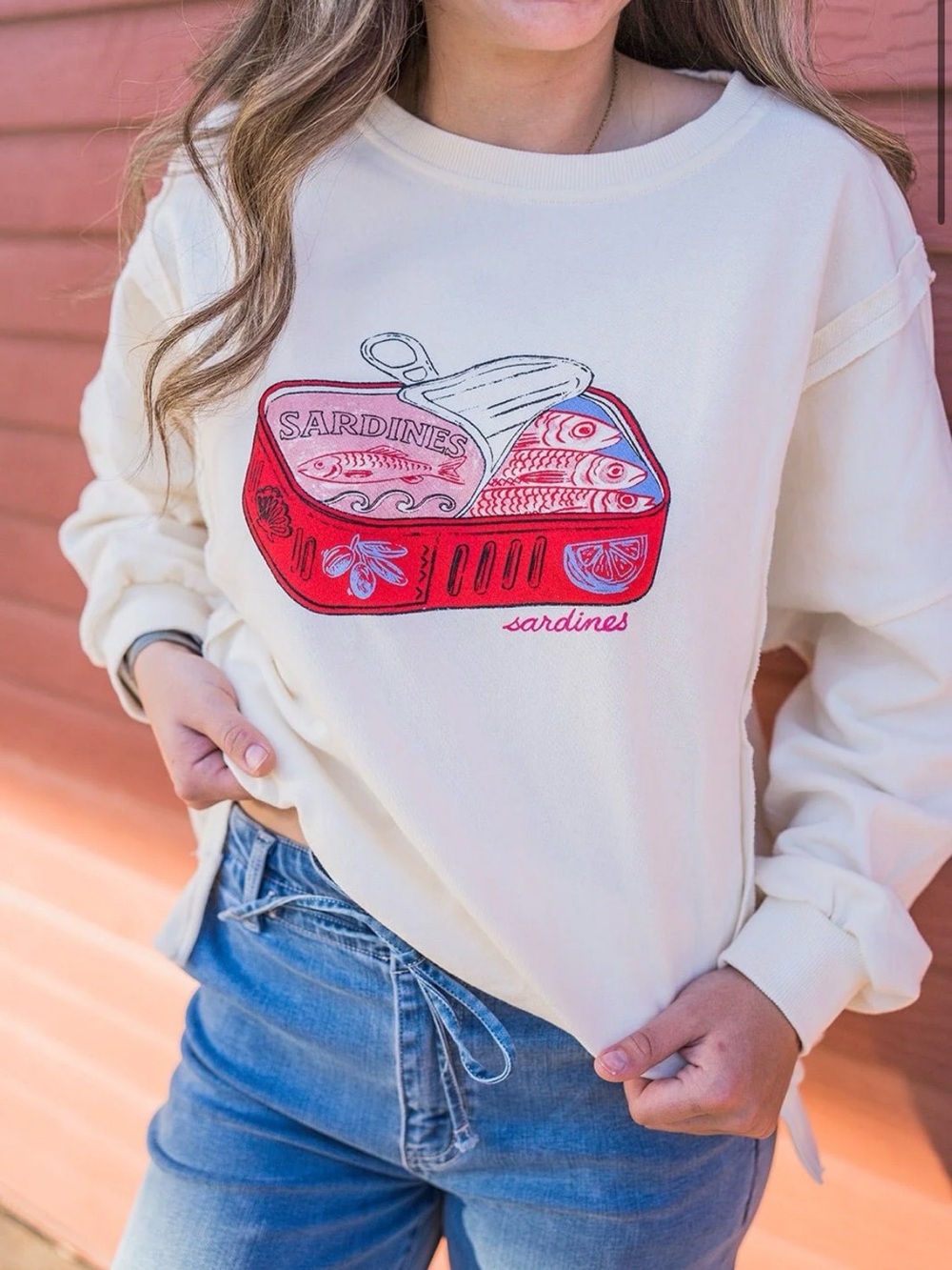 J.O.A. Cream Sweatshirt with Red Sardines Can Graphic